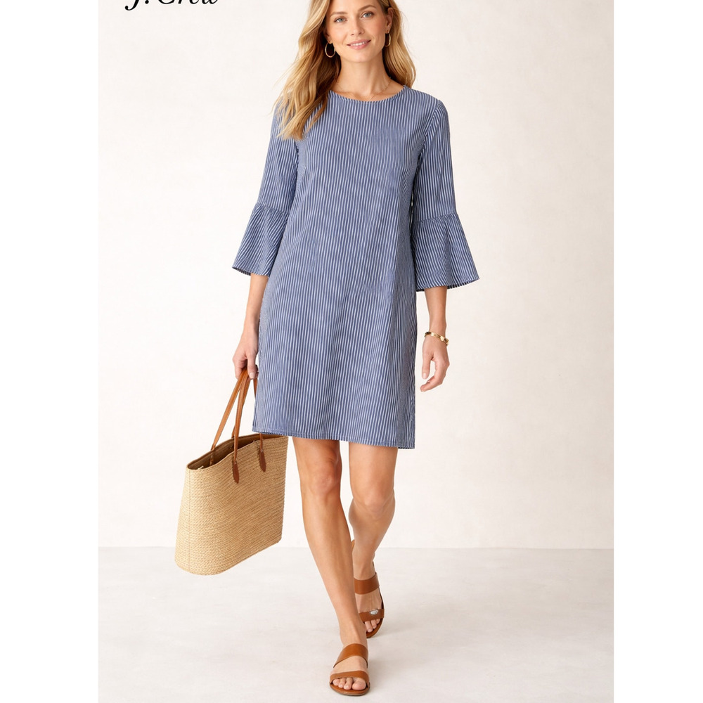J Crew 10 Striped 100% Cotton Sheath Dress $138 Bell Sleeves Denim Blue White